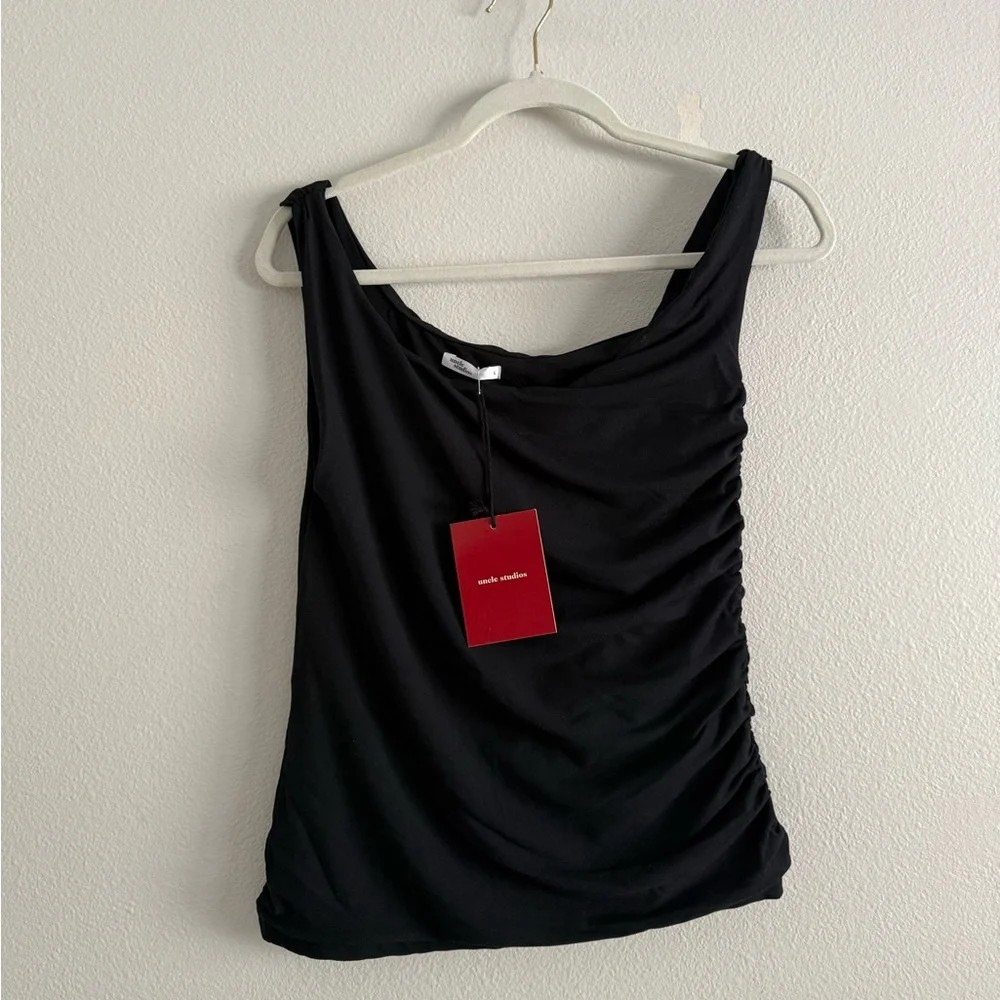 UNCLE STUDIOS‎ THE DROP SHOULDER TOP BLACK RUCHED SZ L NWT